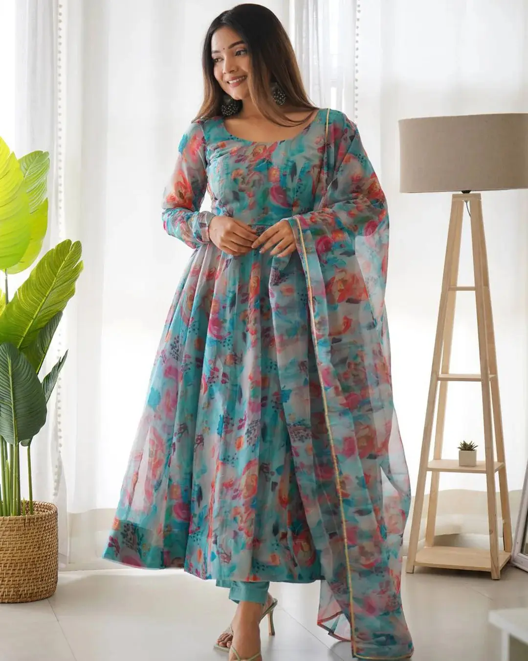 Sky Blue Multi Color Print Organza Three Piece Anarkali Suit